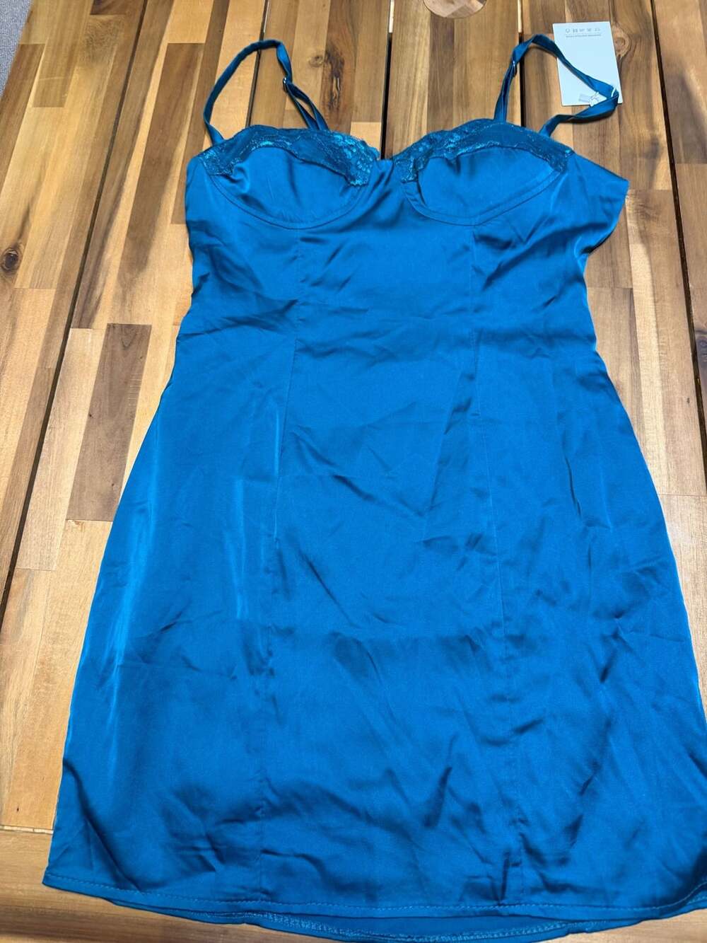 Turquoise Blue Satin Corset Mini Dress with Lace Trim and Adjustable Straps
